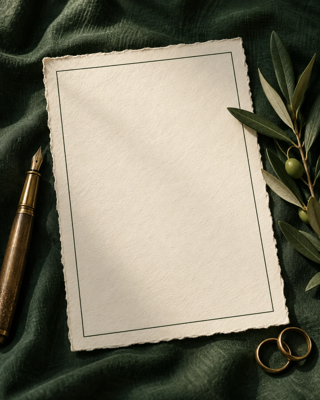 Ivory paper, a fountain pen and an olive branch on dark green fabric.